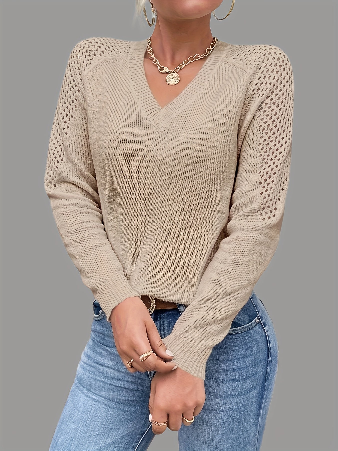 Eyelet Cutout Knitted Pullover Top V Neck Sweater for Women