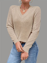 Eyelet Cutout Knitted Pullover Top V Neck Sweater for Women