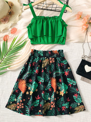 2pcs Toddler Girls Ruffle Cami Crop Tops & Leaf Skirt Set Kids Summer Clothes