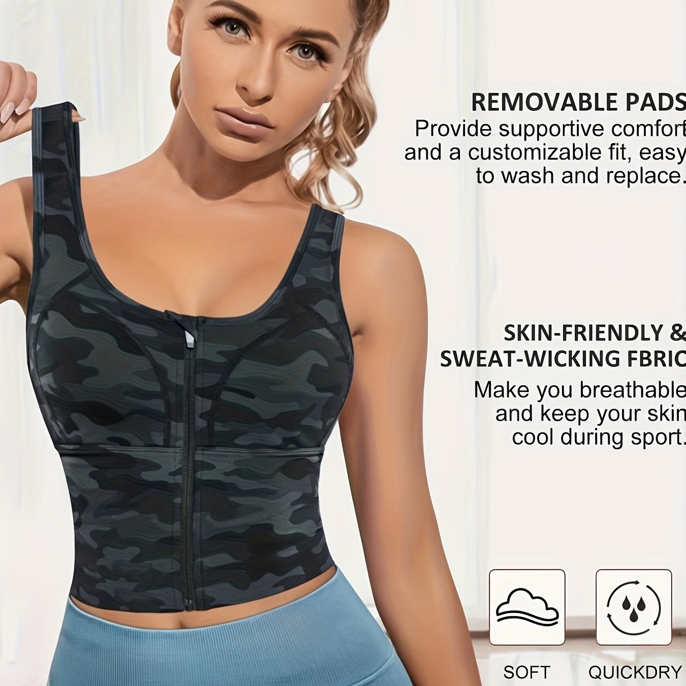 Zip Front Longline Padded Sports Bra for Women