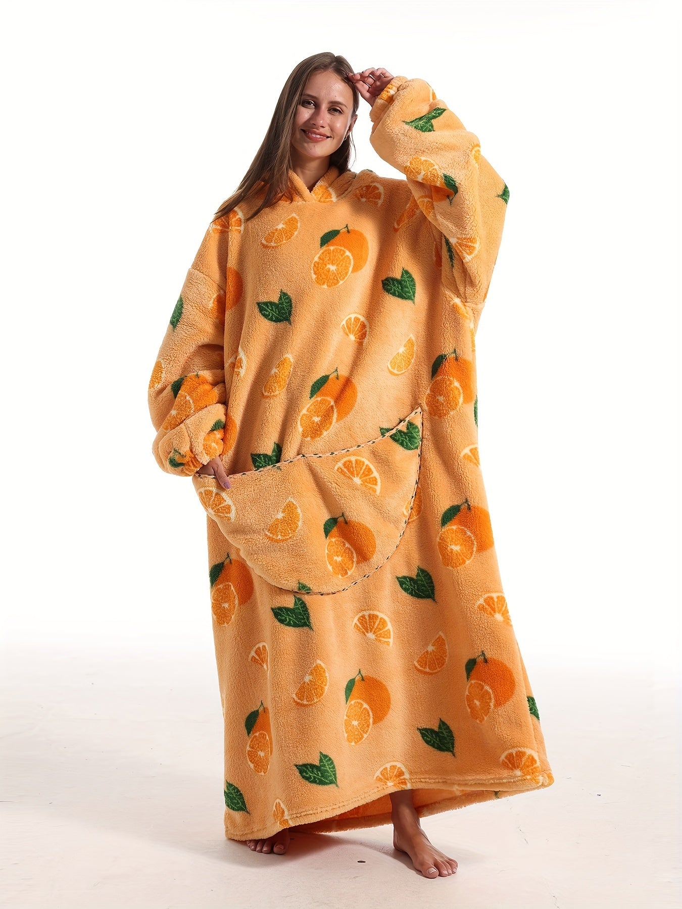 Fruit Print Fuzzy Lounge Robes Hooded Long Sleeve With Pockets