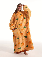 Fruit Print Fuzzy Lounge Robes Hooded Long Sleeve With Pockets