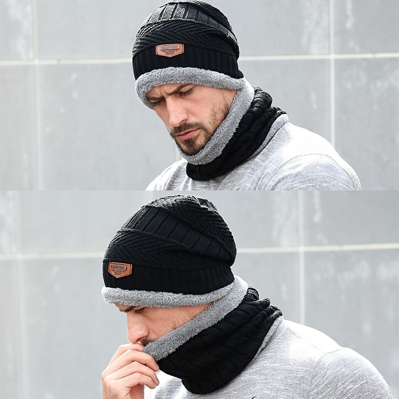 2pcs Unisex Winter Warm Knitted Hat Neck Scarf Touch Screen Gloves