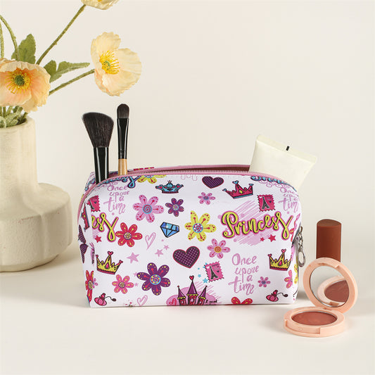 Flower Crown Diamond Pattern Makeup Bag Roomy Square PU Style Makeup Pouch