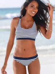 Striped Contrast Trim Wide Straps Low Waist Bikini Set