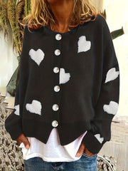 Heart Print Button Up Long Sleeve Cardigan