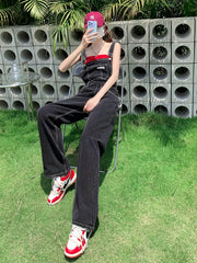 Loose Fit Denim Jumpsuit Adjustable Straps Non Stretch Overalls