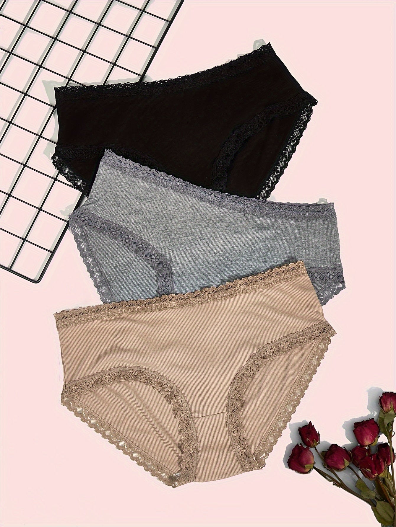 3 Pack Plus Size Lace Trim Seamless Briefs Set