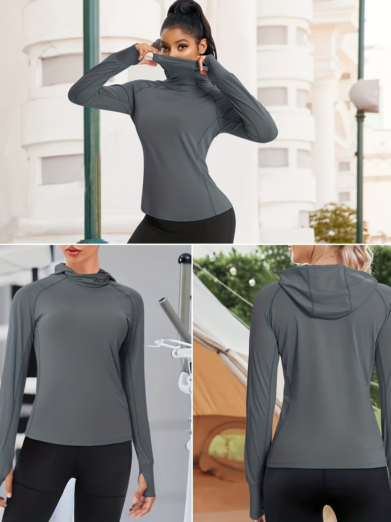 Grey Long Sleeve Loose Hooded Tops Tshirts For Outdoor Sports Running Hiking