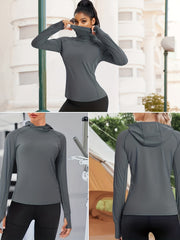 Grey Long Sleeve Loose Hooded Tops Tshirts For Outdoor Sports Running Hiking