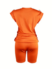 Ripped Pin Decor 2 Pc Set Crew Neck Tops & Slim Shorts Outfit
