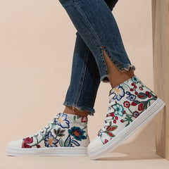 Flower Pattern Canvas Shoes Mid Top Lace Up Sneakers Lightweight Skate Shoes