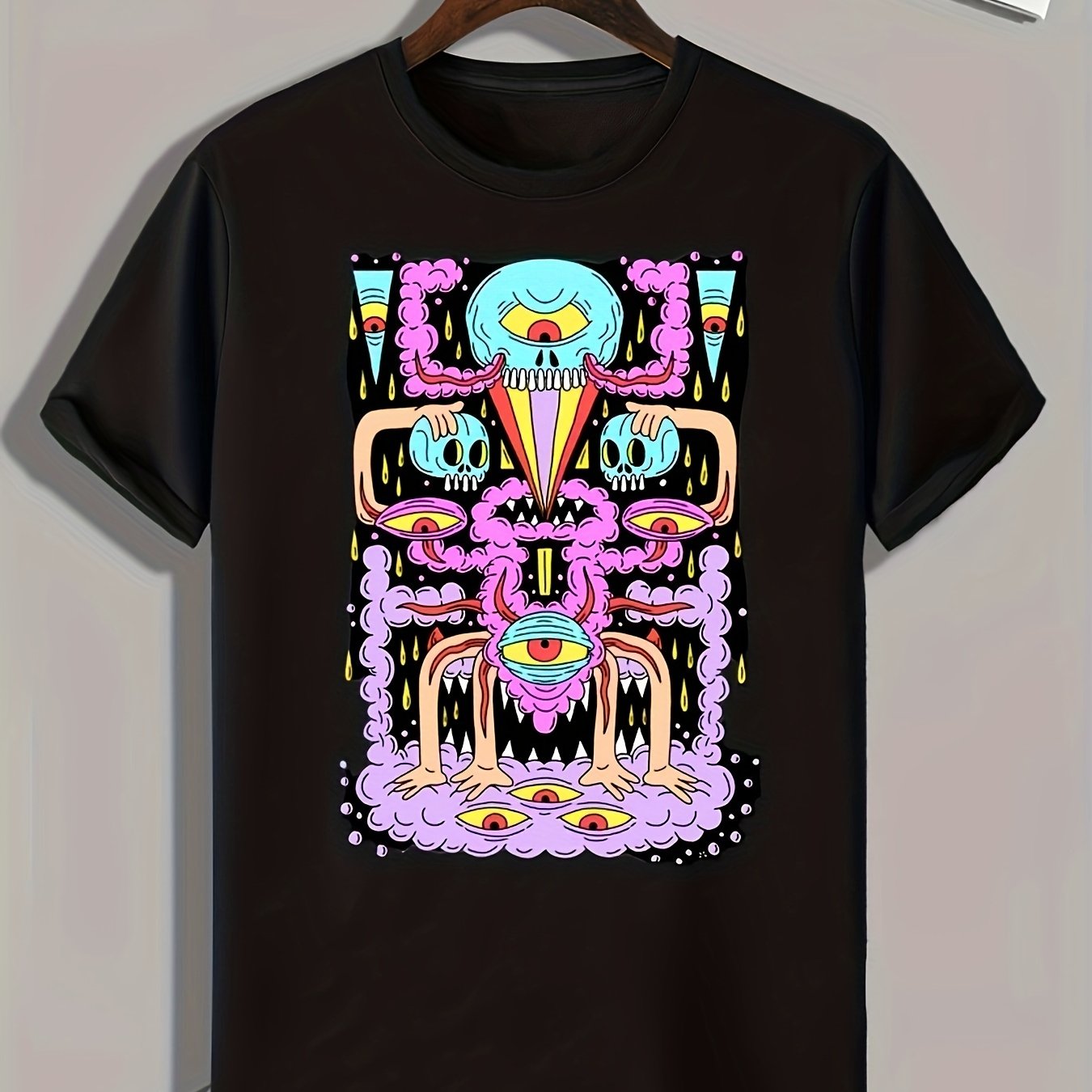 Cartoon Pattern Print Men's Graphic T-shirt, Summer Casual Comfy Tees
