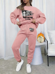 Women's Plus Size Slogan & Flag Print Fleece Liner Sweatshirt & Joggers Set