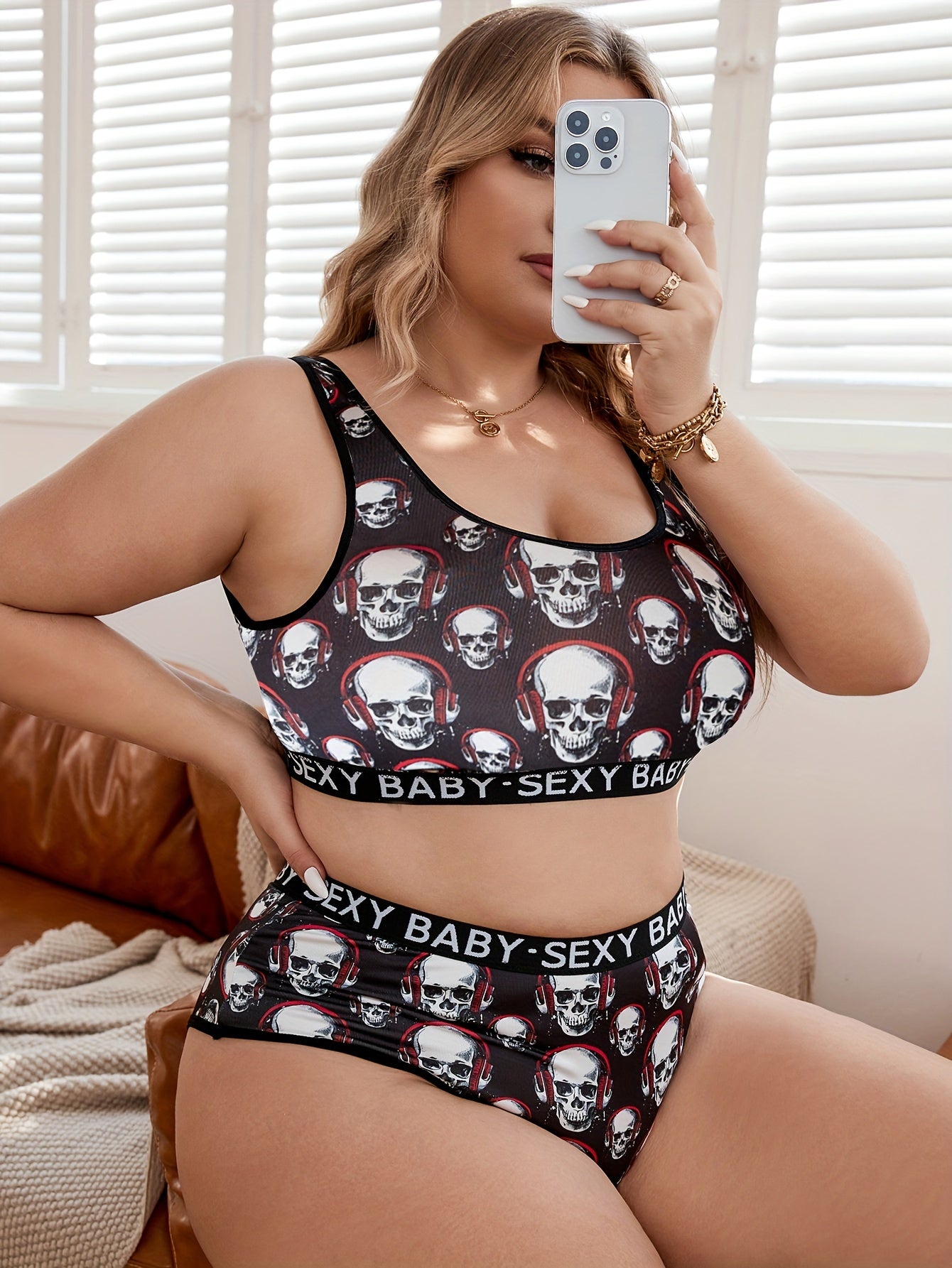 Gothic Lingerie Set Women's Plus Skull Print Tank Bra & Panty Set