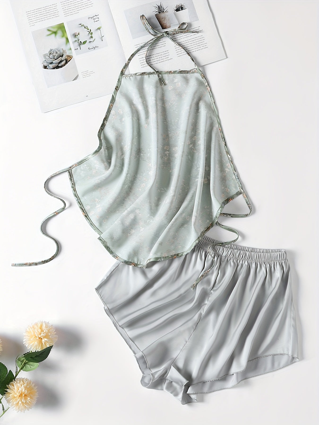 Floral Print Pajama Set Halter Lace Up Top & Shorts