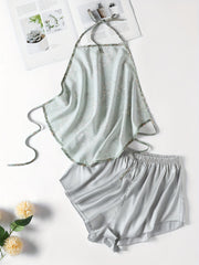 Floral Print Pajama Set Halter Lace Up Top & Shorts