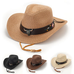 Vintage Cow Head Belt Straw Hat Cowboy Hat
