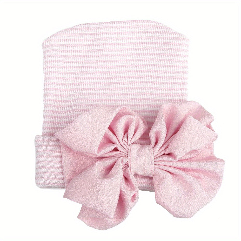 Newborn Baby Knitted Hat with Pink Bow for Baby Shower