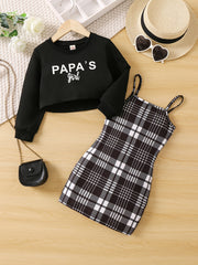 Girls Crop Sweatshirt & Plaid Sundress Set for Spring/Autumn