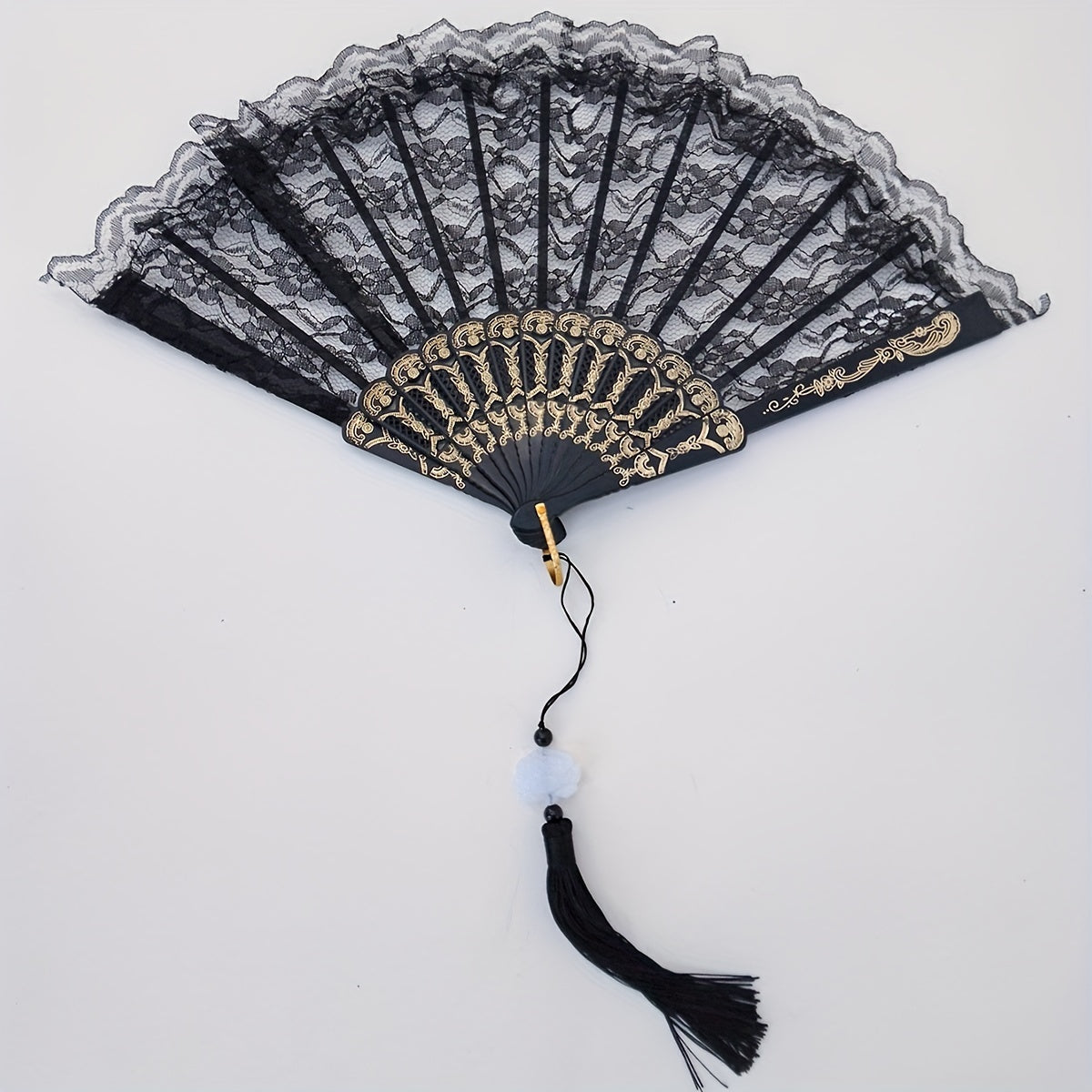 Lace Floral Pattern Folding Fan with Tassel