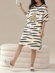 Cartoon Bear Print Lounge Dress Soft Comfy Short Sleeve Women's Loungewear