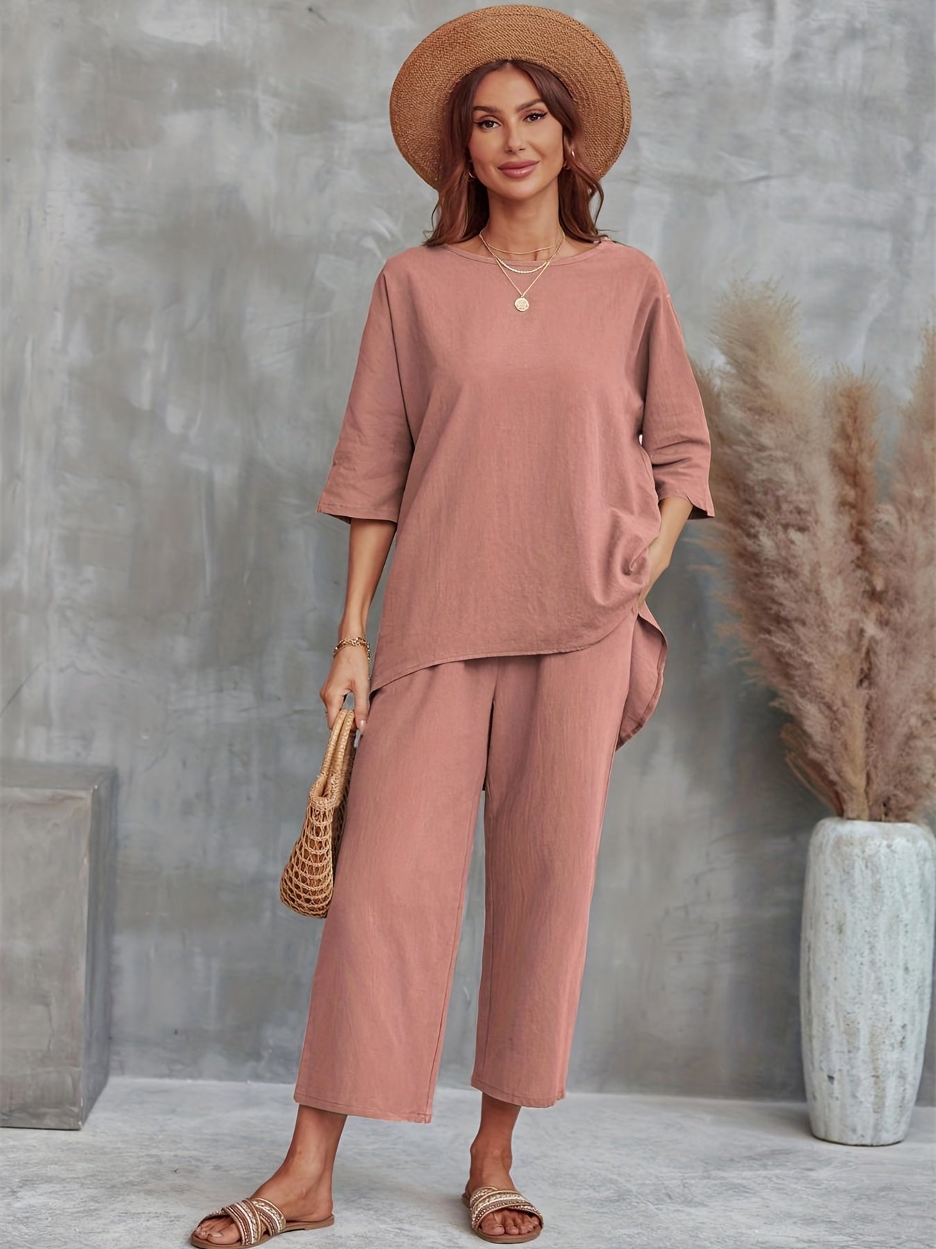 Solid Est Crew Neck 3 4 Sleeve Tops & Wide Leg Pants Outfit Women's Clothing