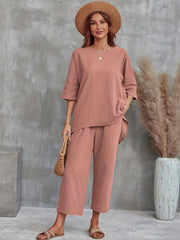 Solid Est Crew Neck 3 4 Sleeve Tops & Wide Leg Pants Outfit Women's Clothing