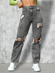 Dark Grey Ripped Straight Jeans High Rise Distressed Denim Pants