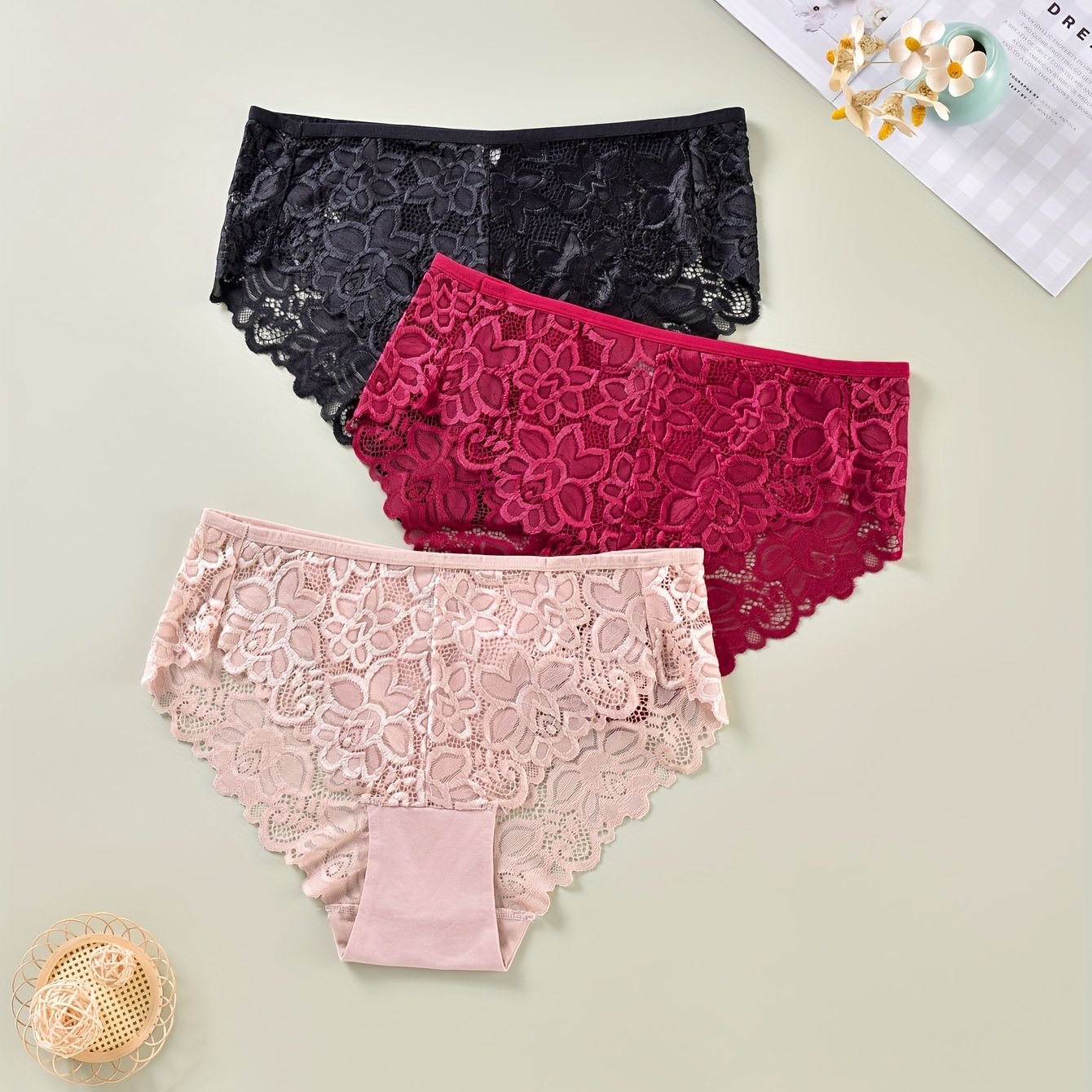 3-Pack Women's Plus Floral Lace High Waist Briefs Set