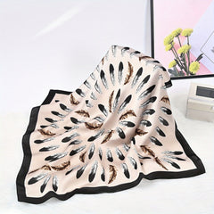 Vintage Feather Print Bandana Shawl Satin Scarf Neckerchief