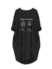 Casual Dress Women's Plus Slogan & Cartoon Figure Print Roll Up Sleeve