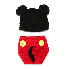 2pcs Baby Boys Mouse And Flower Knit Hat Underwear Set