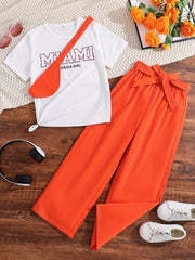 Girl's Letter T Shirt Set With Pants & Bag