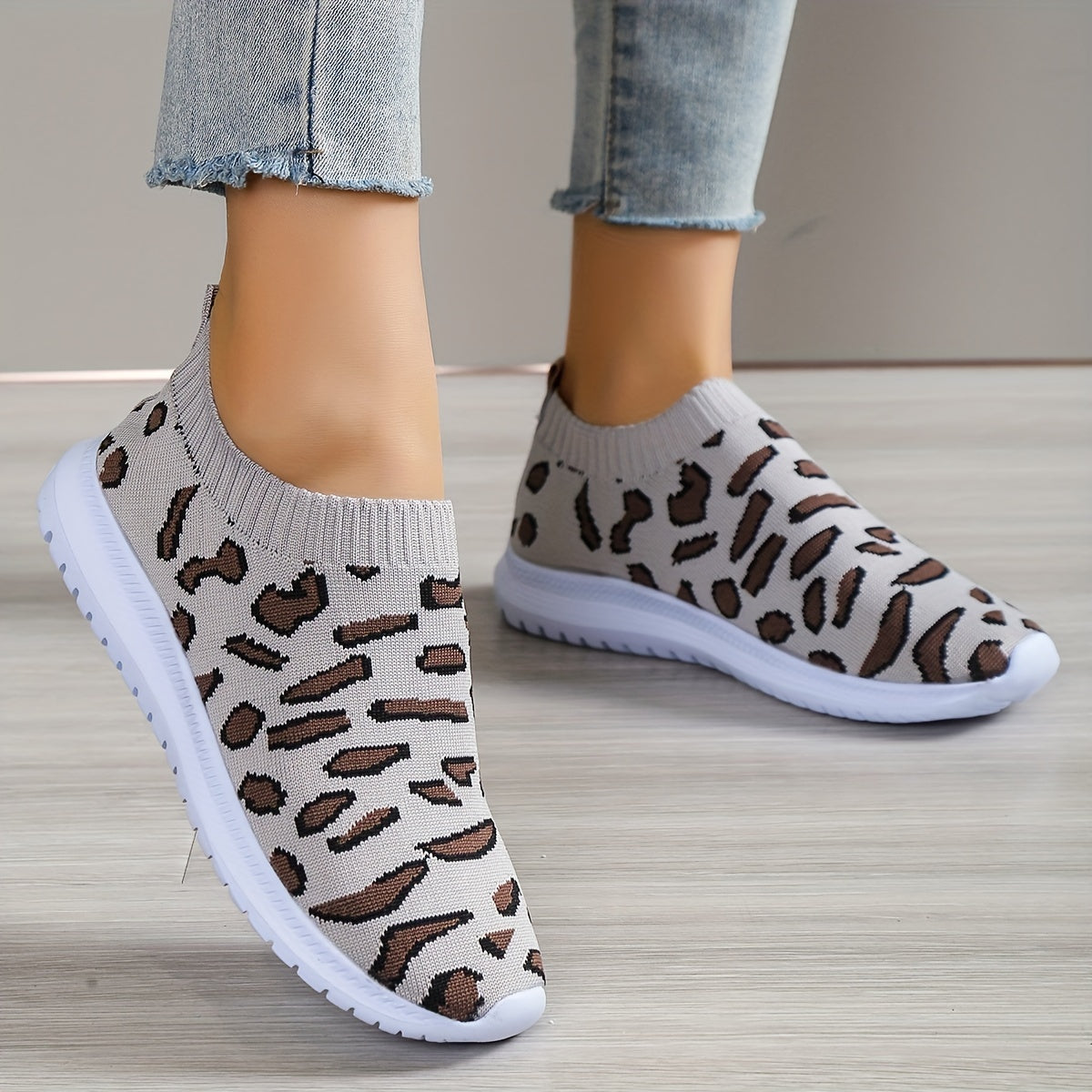 Women's Leopard Printed Sock Sneakers Low Top Slip On Walking Shoes