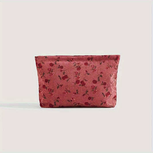 Vintage Rose Corduroy Makeup Bag For Purse Zipper Cosmetic Pouch