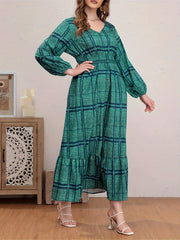 Plus Size Grid Print Long Sleeve V Neck Maxi Dress