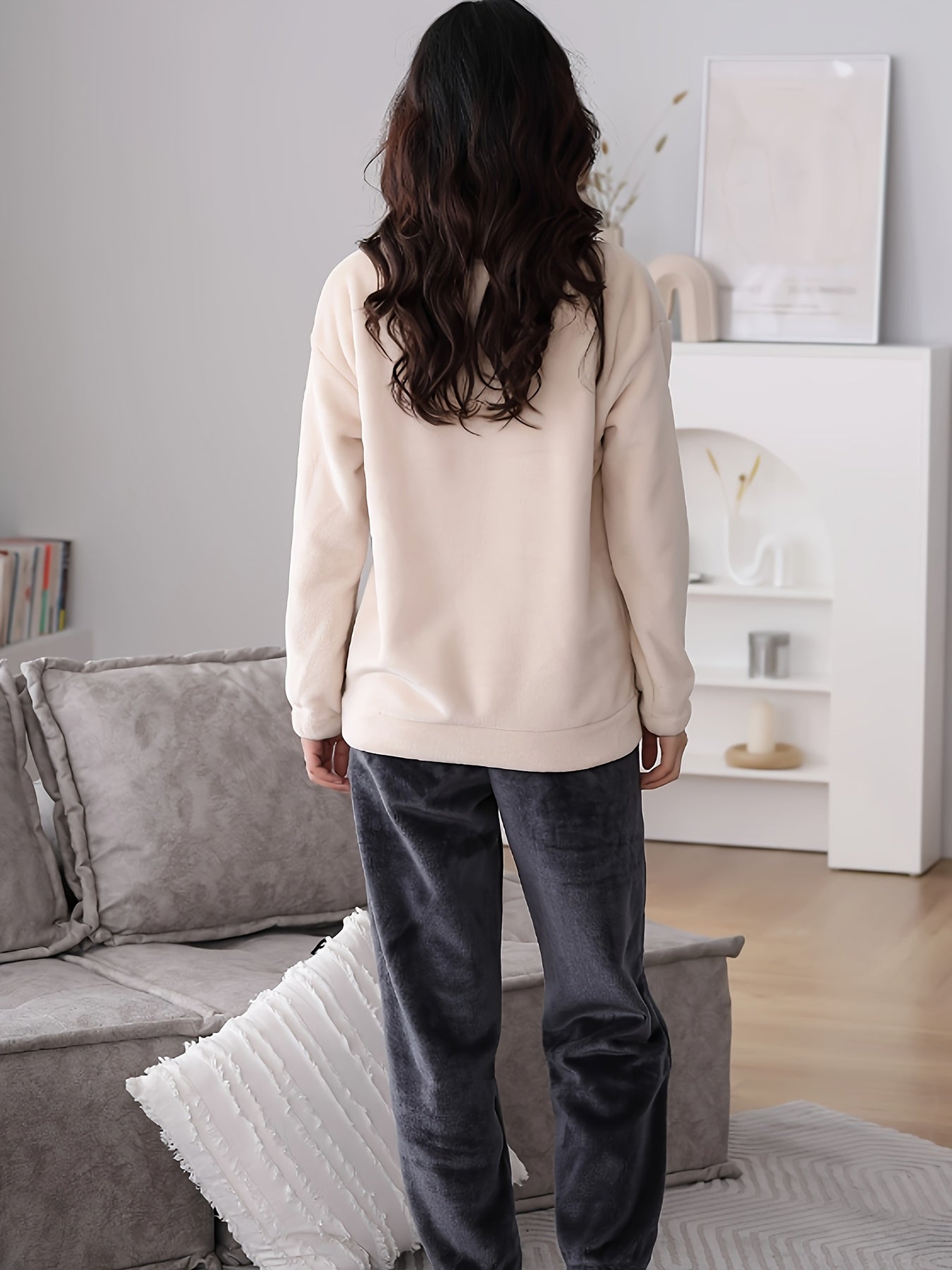 Bear Print Fuzzy Lounge Set Long Sleeve Top & Elastic Waistband Pants