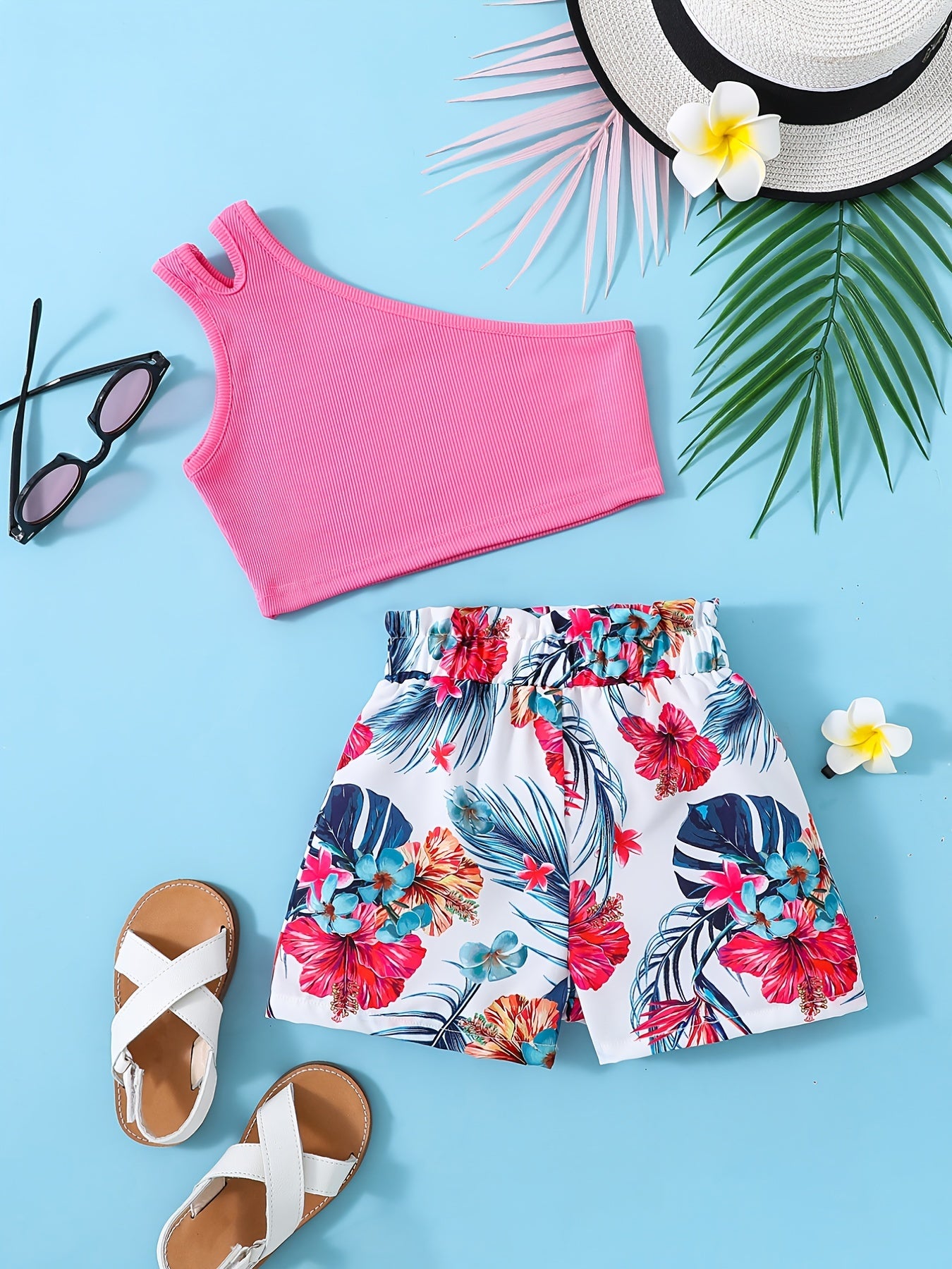 2pcs Girls Cut Out Crop Top & Floral Shorts Set Summer Clothes