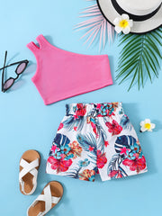2pcs Girls Cut Out Crop Top & Floral Shorts Set Summer Clothes