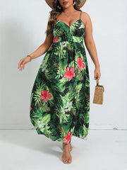 Boho Dress Women's Plus Tropical Print V Neck Nipped Waist Pleated Cam