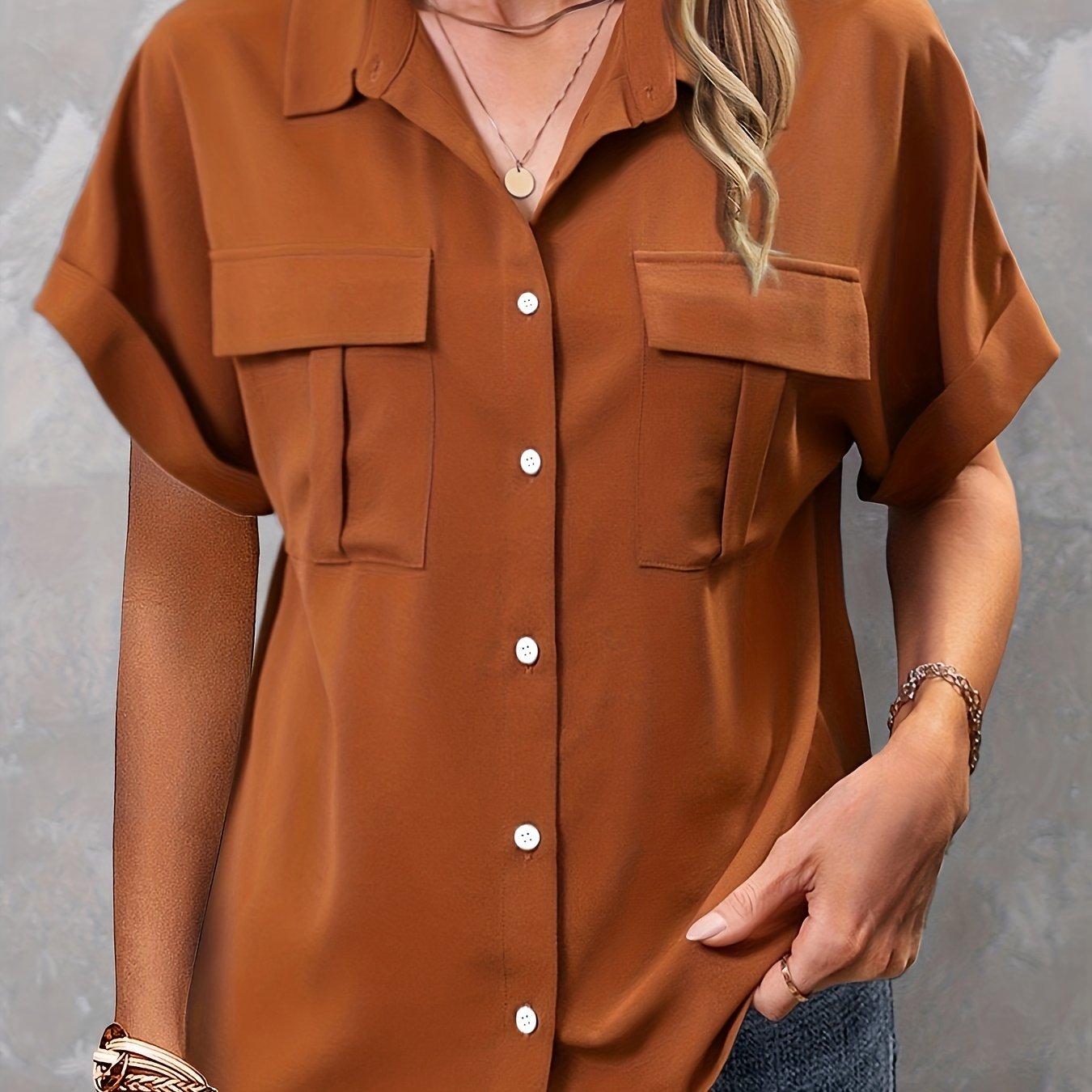 Casual Blouse Women's Plus Short Sleeve Button Up Shirt