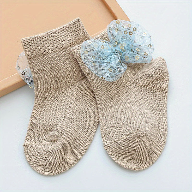 Baby Girls Sequin Bow Lace Trim Ankle Socks for Newborns