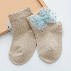 Baby Girls Sequin Bow Lace Trim Ankle Socks for Newborns