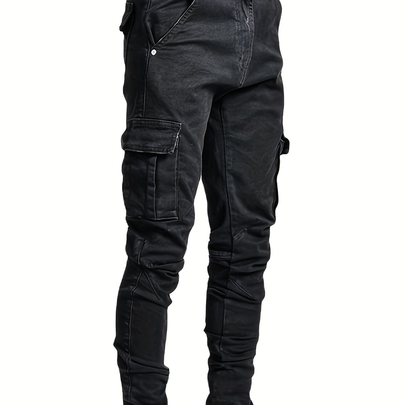 Men's Slim Fit Cargo Jeans Solid Mid Denim Pants