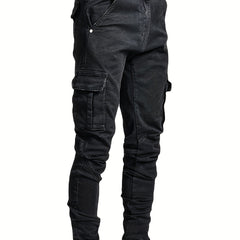 Men's Slim Fit Cargo Jeans Solid Mid Denim Pants