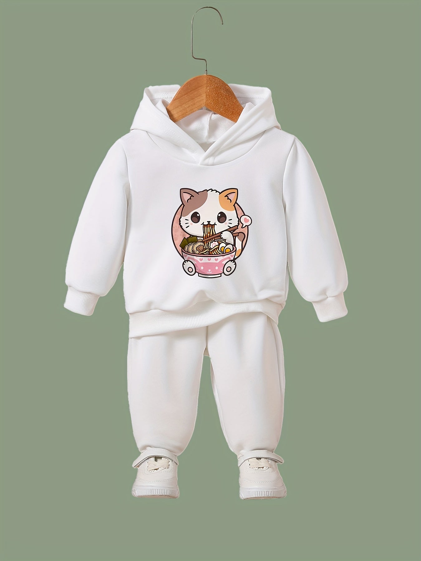 Cartoon Cat & Ramen Print Hoodie & Pants Set - Girl's Sporty Clothes
