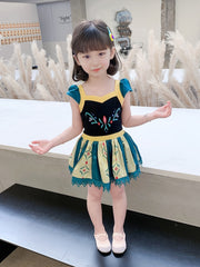 100% Cotton Girls Splicing Puff Short Sleeve Ballet Leotard for Gymnastics