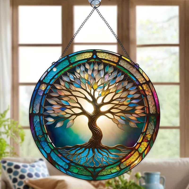 Colorful Tree Of Life Round Acrylic Stain Window Hanging Pendant