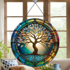 Colorful Tree Of Life Round Acrylic Stain Window Hanging Pendant
